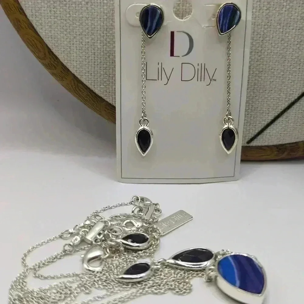 Lily Dilly necklace + earrings Convertible NWT jewelry bundle blue silvertone